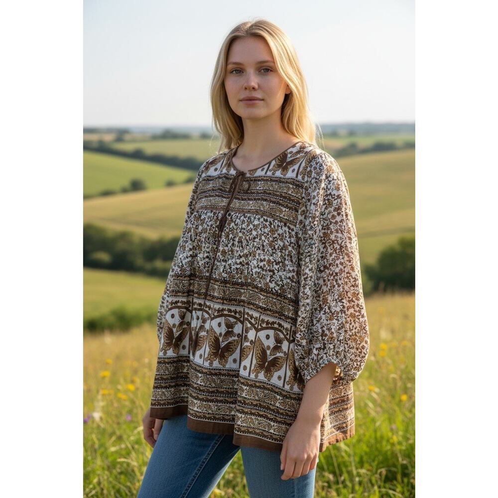 Vintage Indian Cotton Tunic One Size Women Butterfly Print Brown Keyhole